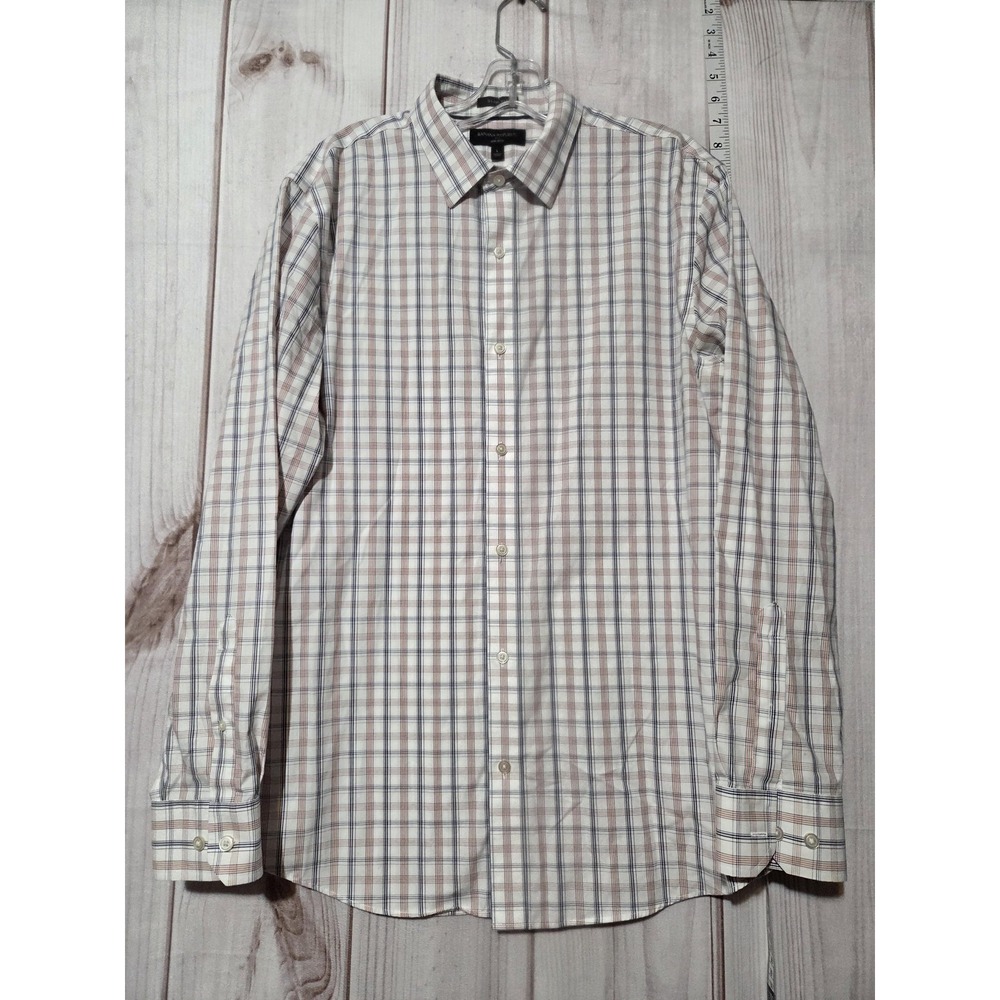 Banana Republic Shirt Mens Large White Blue Plaid Non-Iron Slim Fit Button Dress